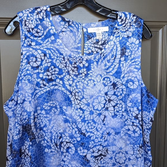 Ladies Large Blue Abstract Paisley Sheer Double Layer Scoop Neck Tunic - Picture 2 of 7